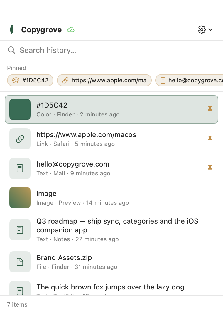 Copygrove's history panel showing the search field, the pinned strip and a list of recent clips: a color, a link, an email address, an image and several pieces of text.