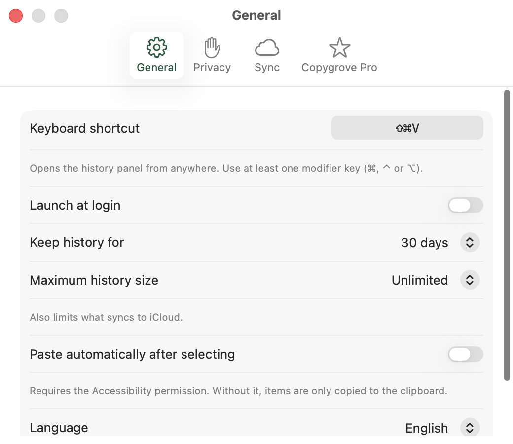 Copygrove's General settings pane with the ⇧⌘V shortcut, launch at login, keep history for 30 days, maximum size and automatic paste.