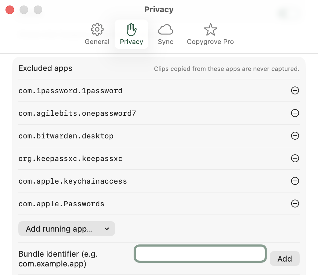 Copygrove's Privacy settings pane listing excluded apps: 1Password, Bitwarden, KeePassXC, Keychain Access and Apple Passwords.