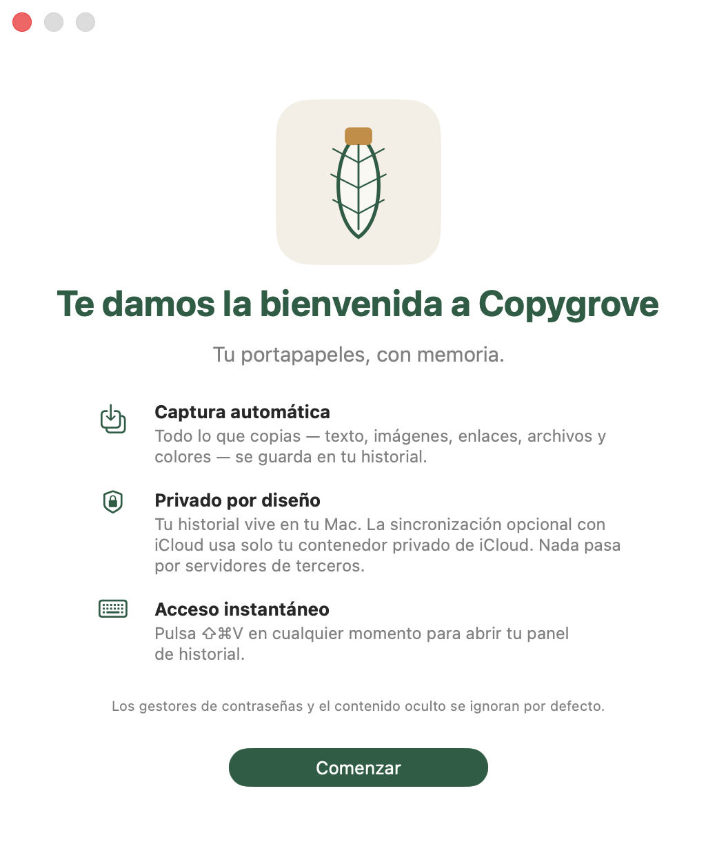 Pantalla de bienvenida de Copygrove explicando la captura automática, la privacidad por diseño y el acceso instantáneo con ⇧⌘V.