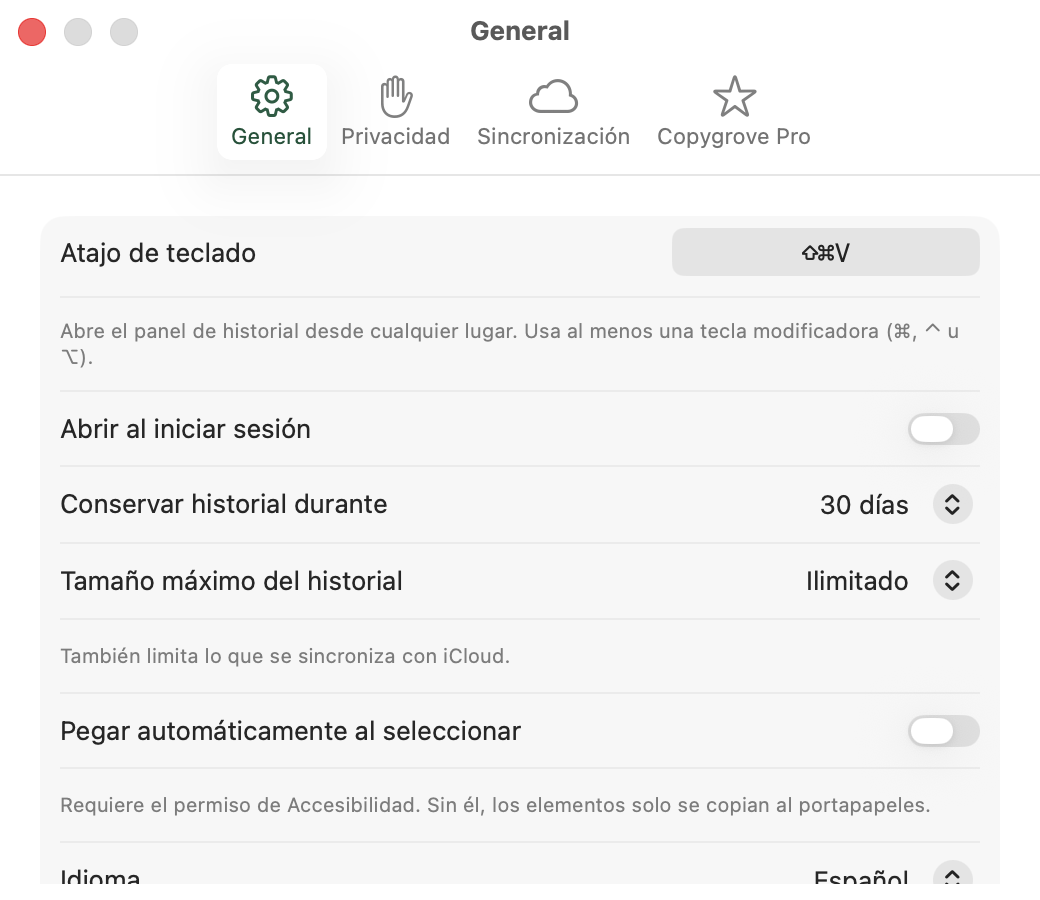 Panel General de Copygrove con el atajo ⇧⌘V, abrir al iniciar sesión, conservar historial 30 días, tamaño máximo y pegado automático.