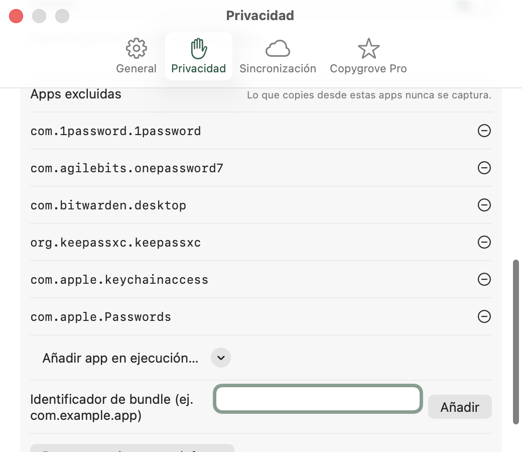 Panel de Privacidad de Copygrove con la lista de apps excluidas: 1Password, Bitwarden, KeepassXC, Llavero y Contraseñas de Apple.